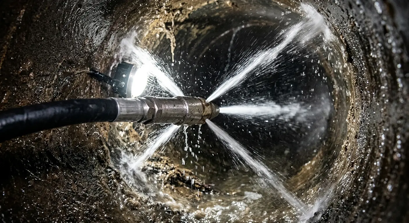 High-pressure hydro jetting nozzle cleaning sewer pipe for Sewer Cleanout in Shaler