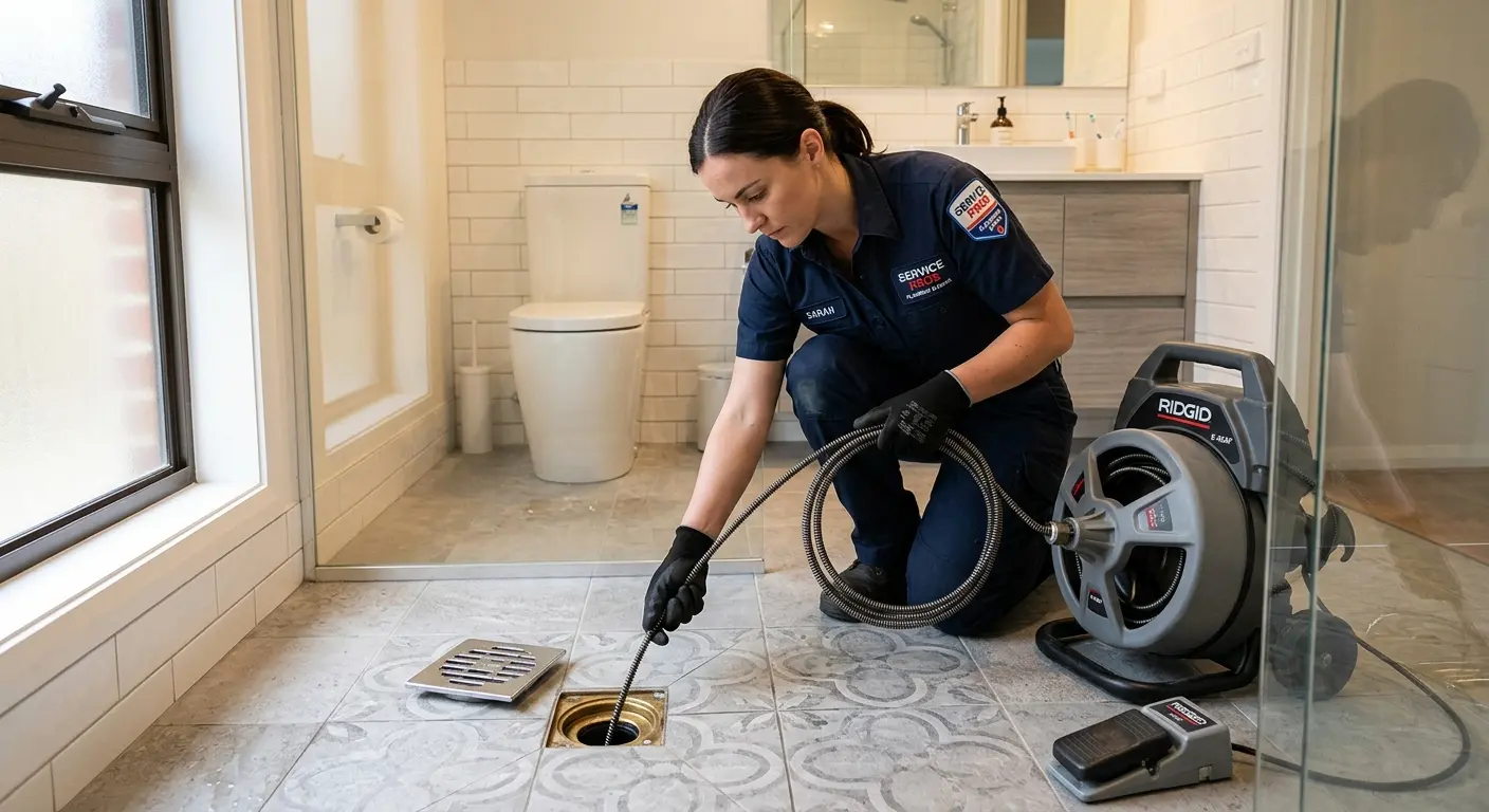 Technician clearing a bathroom floor drain for Sewer Line Replacement in Shaler